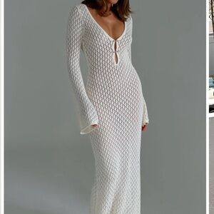 White Knit Crochet Bell Sleeve Maxi Dress / Cover Up